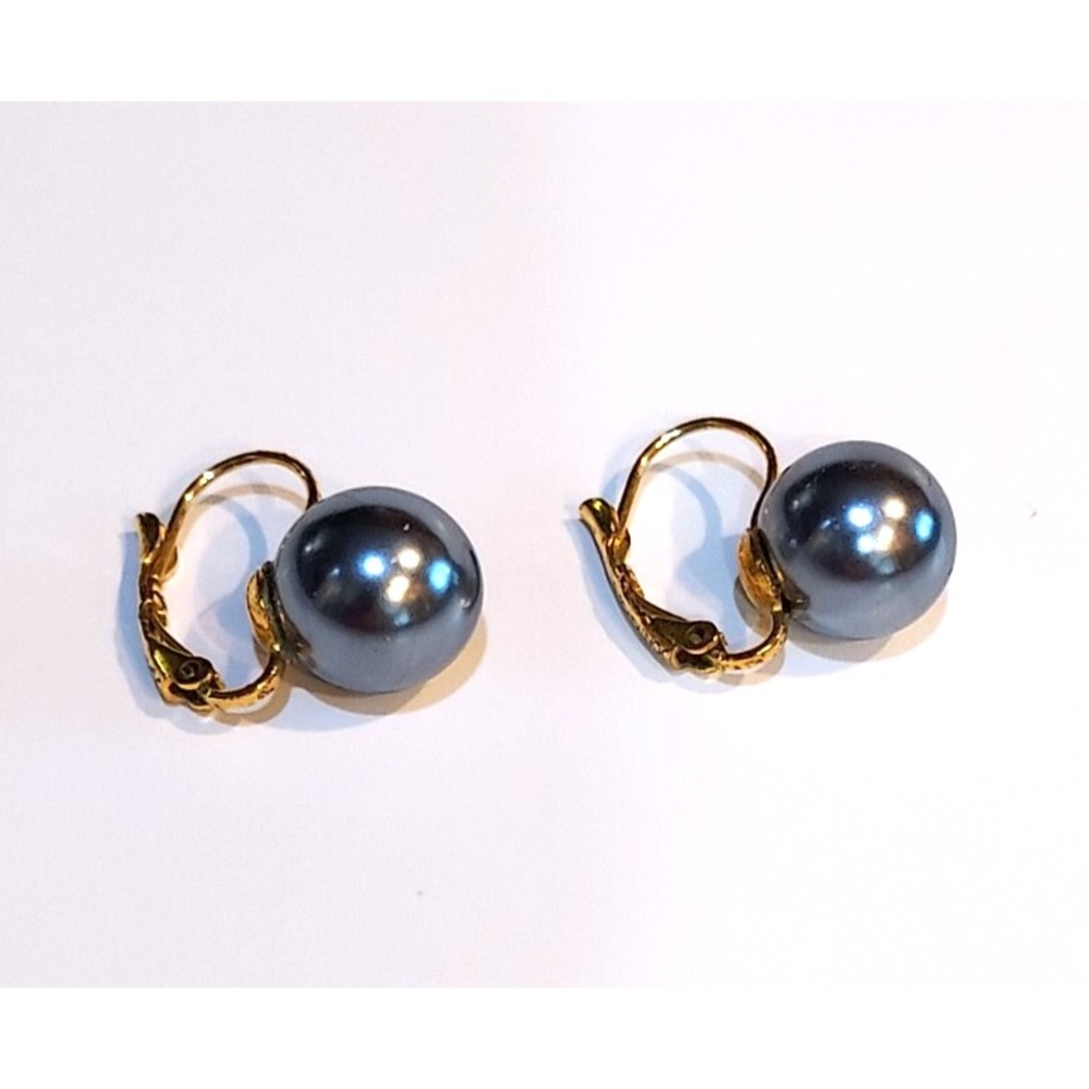 Joan Rivers Earrings Black Faux Pearl Leverback Earrings Gold Tone